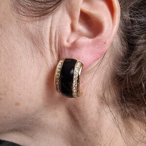 Vintage Christian Dior 1990s Black & Gold Clip-On Earrings With Rhinestone